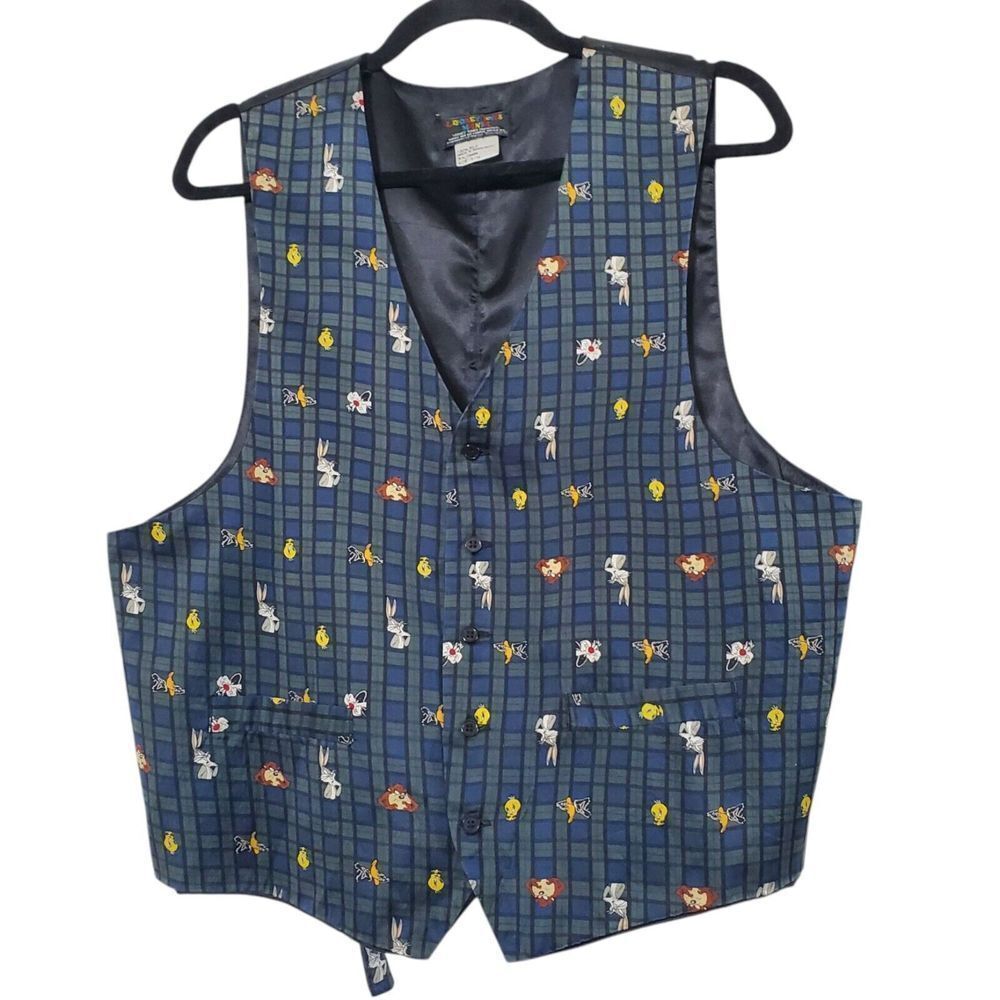 Vintage 1993 Looney Tunes 100% Silk Vest Mania Size S Tweety Bugs Taz Daffy Mens - Picture 1 of 7